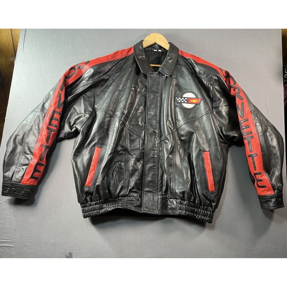 Vtg Leather Chevy Corvette Jacket Men's Size 3XL XXL Black, White, & Red